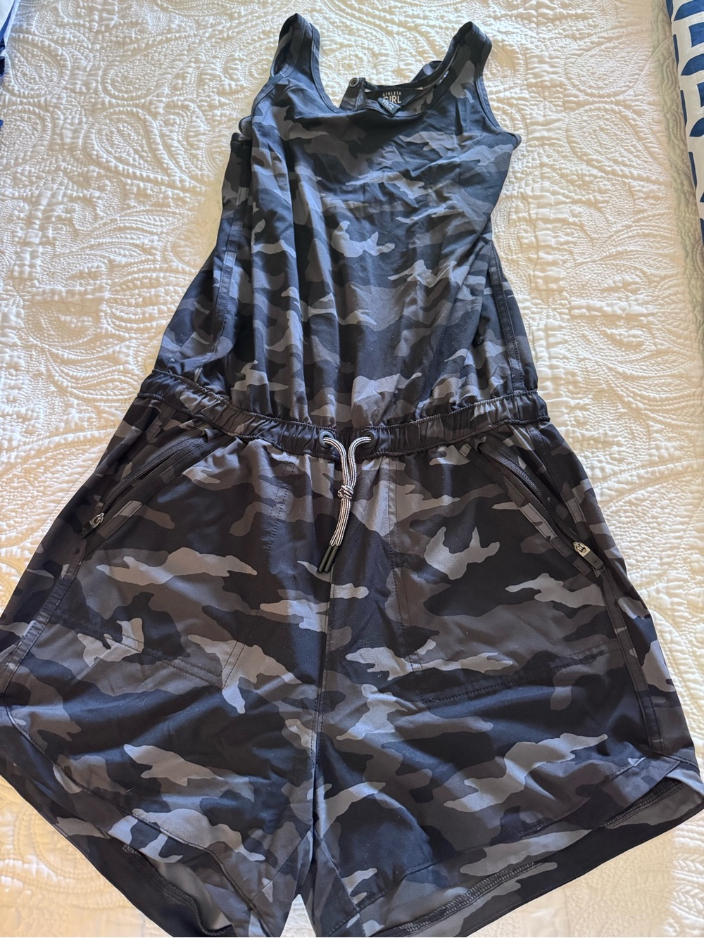 Athleta Girl Black and Charcoal Camo Romper